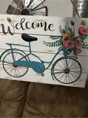 Welcome Bicycle Wall Art in Teal with Floral Basket